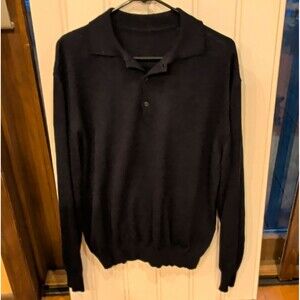 Woolmark Men’s L Black Merino Wool Knit Collared Button-Neck Pullover Sweater